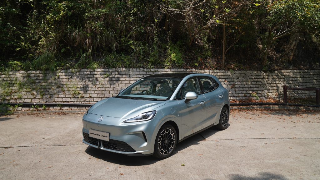 Front three quarter view of MG4 Urban electric hatchback at preview