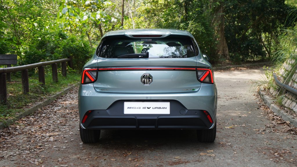 Rear three quarter of MG4 Urban with arrow shaped taillights