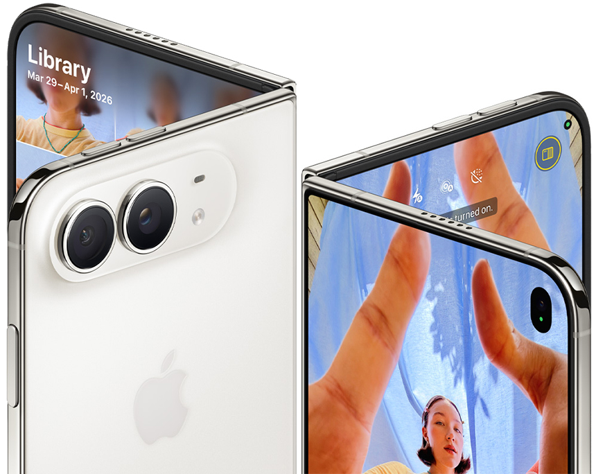 星光白色 iPhone Duo 的雙後置相機和半摺雙螢幕拍攝介面