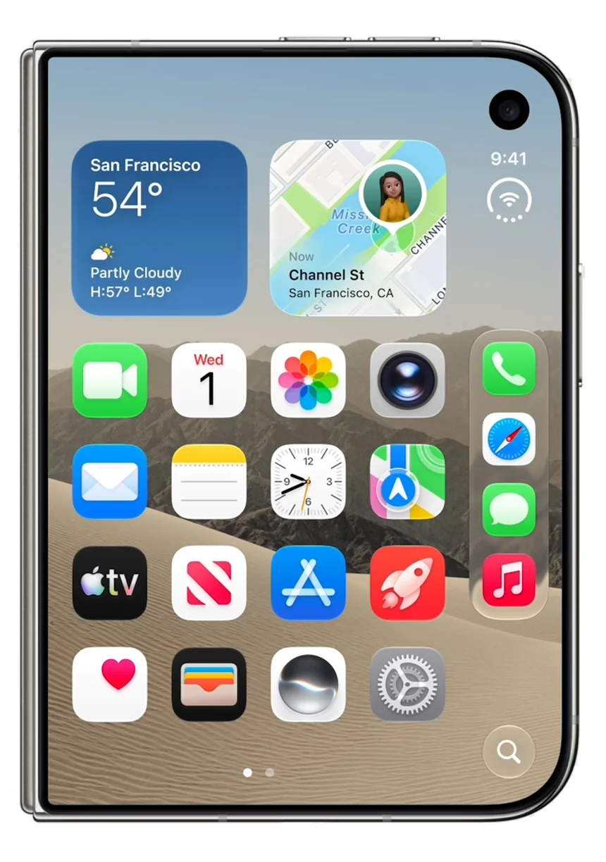 iPhone Duo 打開後 iOS 27 將 Dock 和控制項置於螢幕側邊