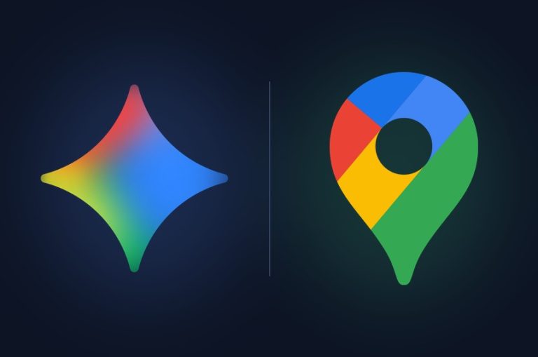 深色背景上左邊係 Gemini 星形標誌，右邊係 Google Maps 地圖釘標誌