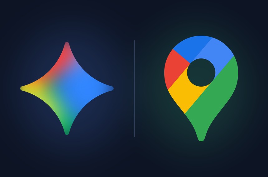 深色背景上左邊係 Gemini 星形標誌，右邊係 Google Maps 地圖釘標誌
